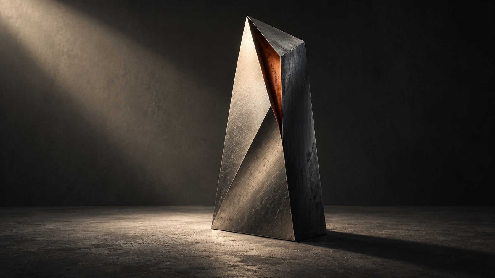 A folded metal form emerging from shadow, with a narrow warm interior seam